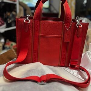 Coach Vibrant Red Leather Tote Smith pebble leather with strap